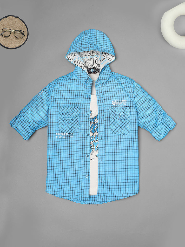 Ridokidz Boys Full Sleeves Checks Hooded Shirt With T-Shirt