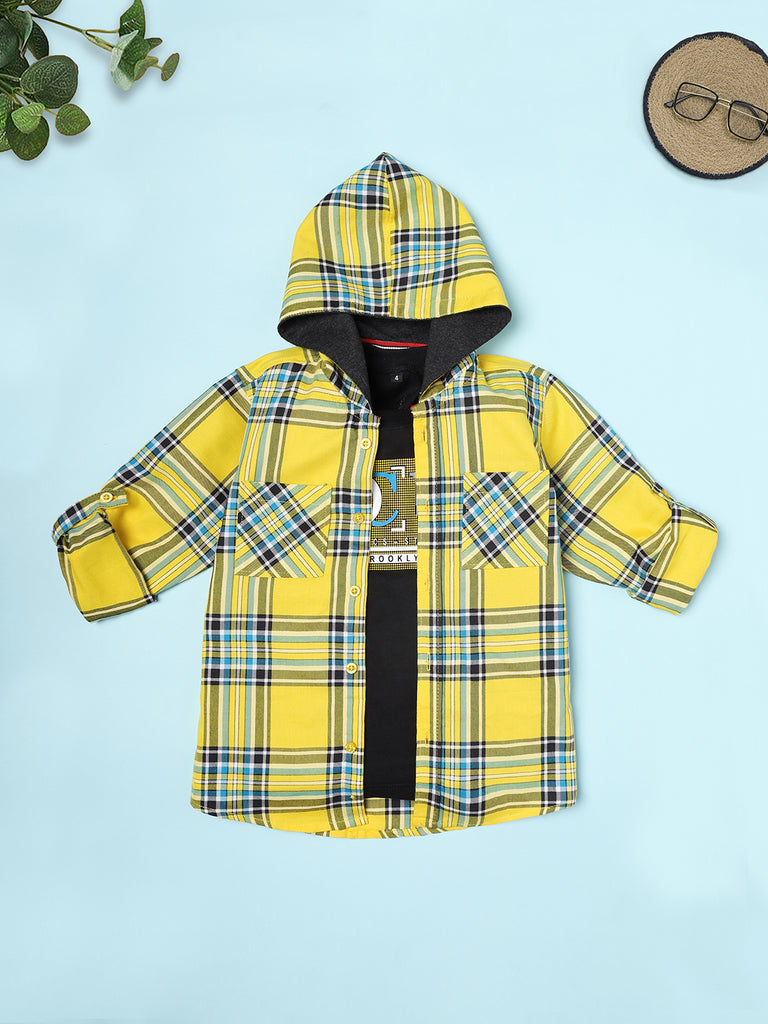 Ridokidz Boys Full Sleeves Checks Hooded Shirt With T-Shirt